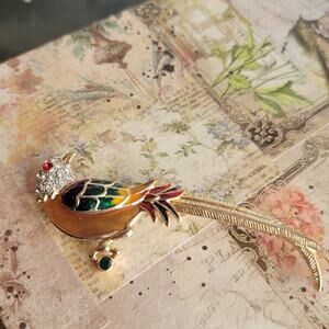 Brooch Women Vintage Pin Enamel Bird Gold Tone Rhinestone Colorful Brooch